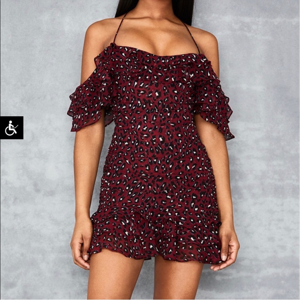HOUSE OF CB | Mistress Rocks Deep Red Leopard Ruffle Mini Dress Size XS
